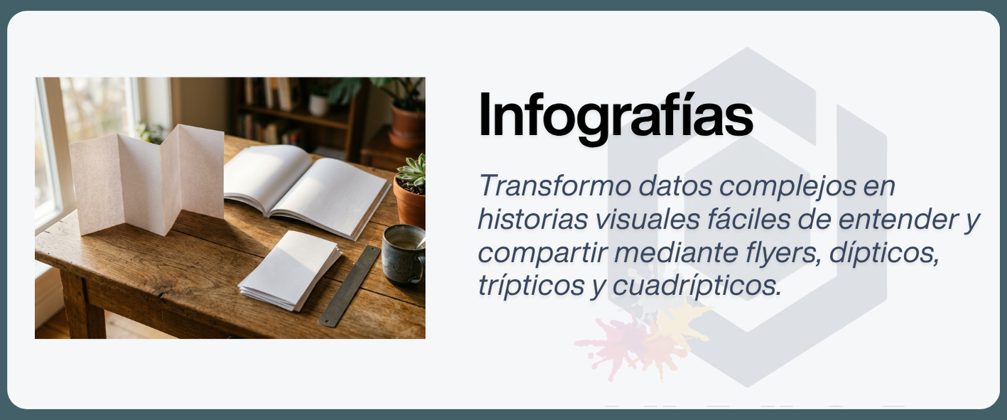 Diseño de infografías, flyers, dípticos, trípticos y cuadrípticos. Folleto plegado y revista abierta sobre una mesa de madera con luz natural.