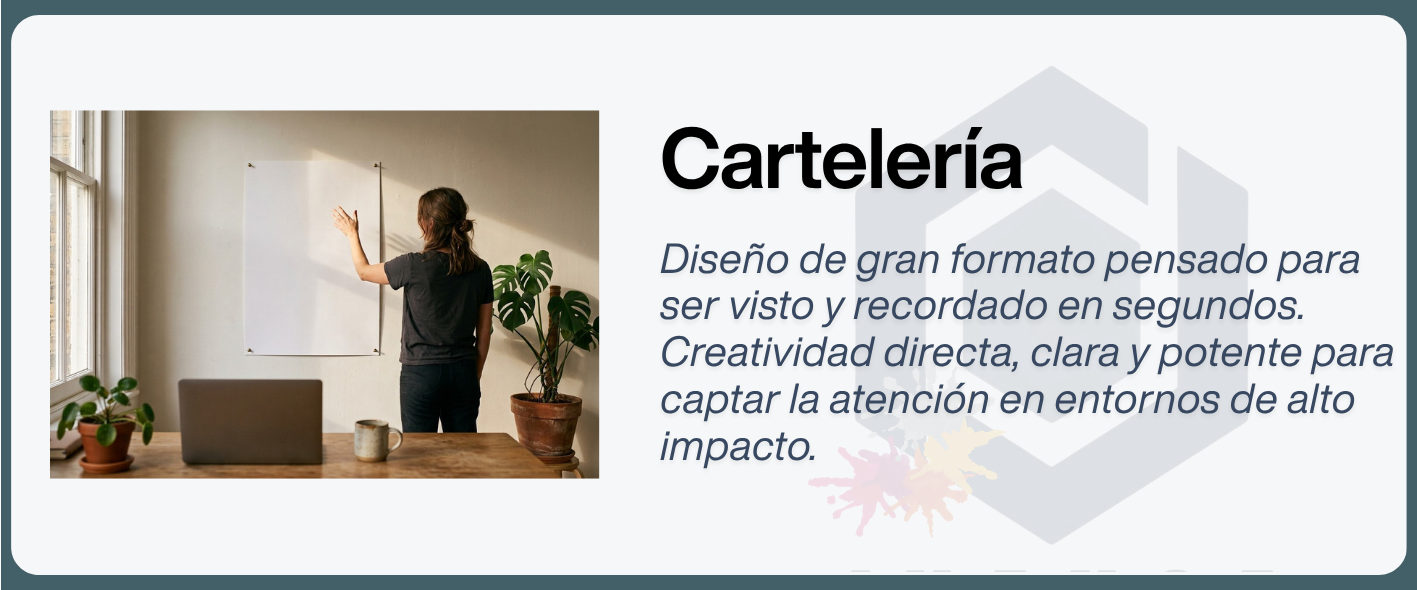 Diseño de cartelería de gran formato para captar la atención en segundos. Persona colocando un cartel en la pared de un estudio luminoso.