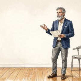 Ilustración de un hombre con americana azul que gesticula con una mano mientras sostiene unos folios, ensayando un discurso en una sala luminosa