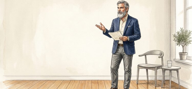 Cómo perder el miedo a hablar en público: 5 ejercicios para esta semana Ilustración de un hombre con americana azul que gesticula con una mano mientras sostiene unos folios, ensayando un discurso en una sala luminosa