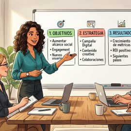 Ilustración de una mujer ante una pizarra con tres bloques numerados, explicando una presentación a un pequeño grupo en una sala luminosa