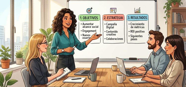 Presentaciones que se recuerdan: la estructura en tres actos Ilustración de una mujer ante una pizarra con tres bloques numerados, explicando una presentación a un pequeño grupo en una sala luminosa